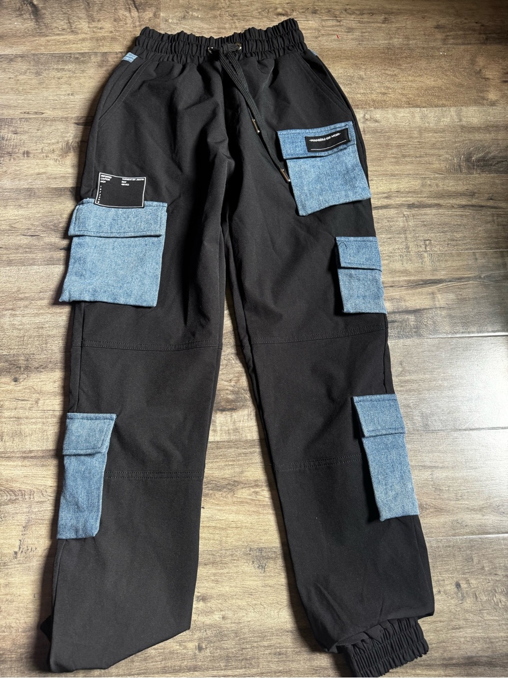 Maniere De Voir Denim Contrast Cargo Joggers Black Sz 4 NWOT Streetwear Y2K